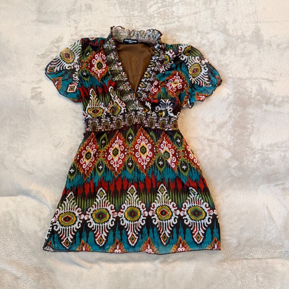 Cha Cha Vente Womens Multicolor Ikat Print Smocked Empire Waist Tunic Top Medium